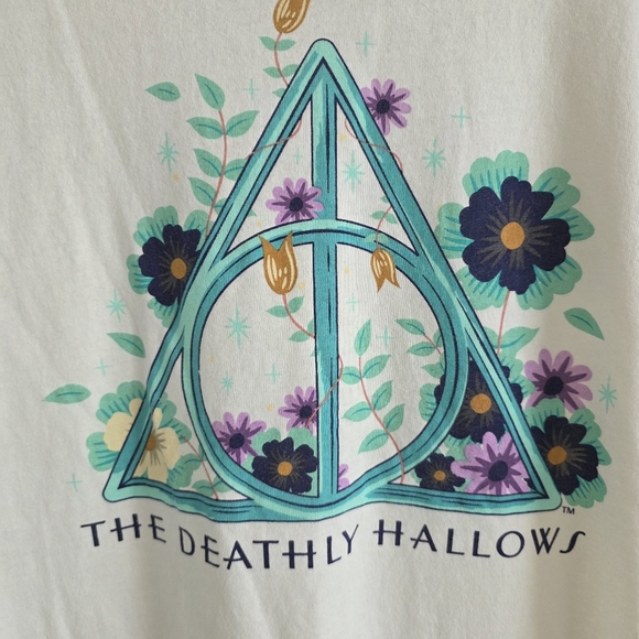 Harry Potter Womens The Deathly Hallows T Shirt Cream Teal Multicolor Size S - Picture 2 of 4